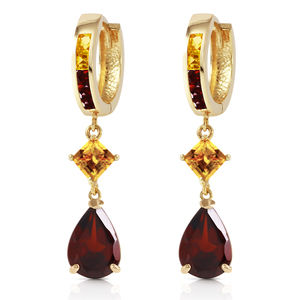 14K. HUGGIE EARRING WITH DANGLING GARNETS & CITRINES (Yellow Gold)
